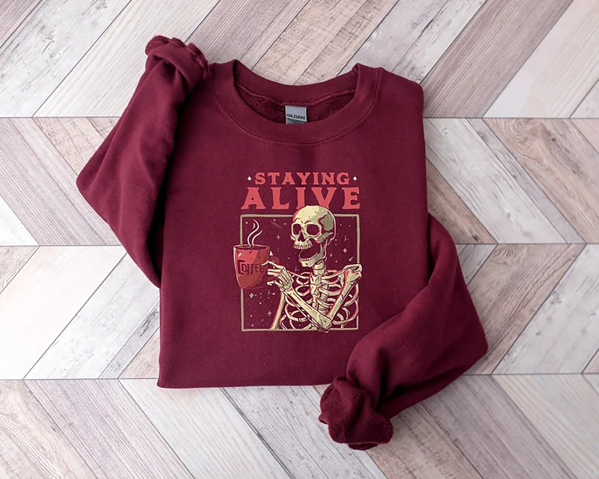 Skitongift Staying Alive Coffee T-Shirt,Halloween Vintage T-Shirt For Women Stay Oversized Crewneck,Trendy T-Shirt,Funny Skeleton T-Shirt