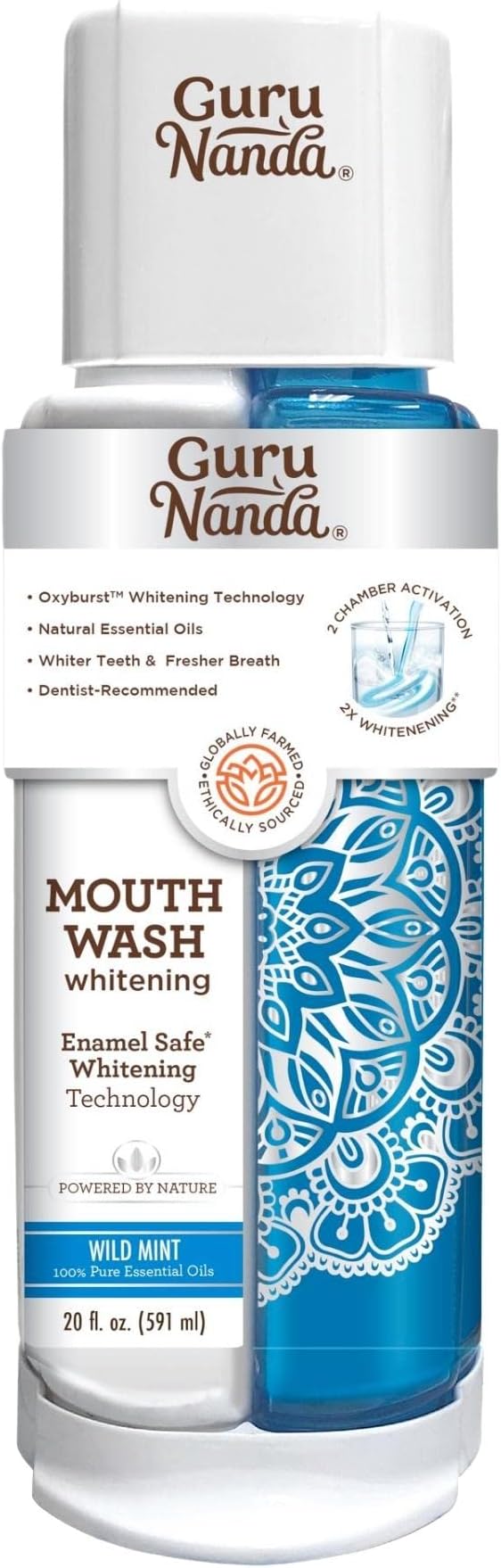 Dual Barrel Oxyburst Whitening Mouthwash - Contains Hydrogen Peroxide to Promote Whiter Teeth - Alcohol & Fluoride Free Rinse with 100% Natural Essential Oils, Wild Mint Flavor - 20 Flz Oz