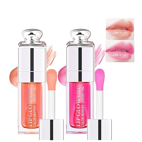 2 Colors Hydrating Plumping Lip Glow Oil,Moisturizing Lip Oil Gloss Transparent Glossy Lip Gloss Primer Lip Tint for Lip Care and Dry Lip
