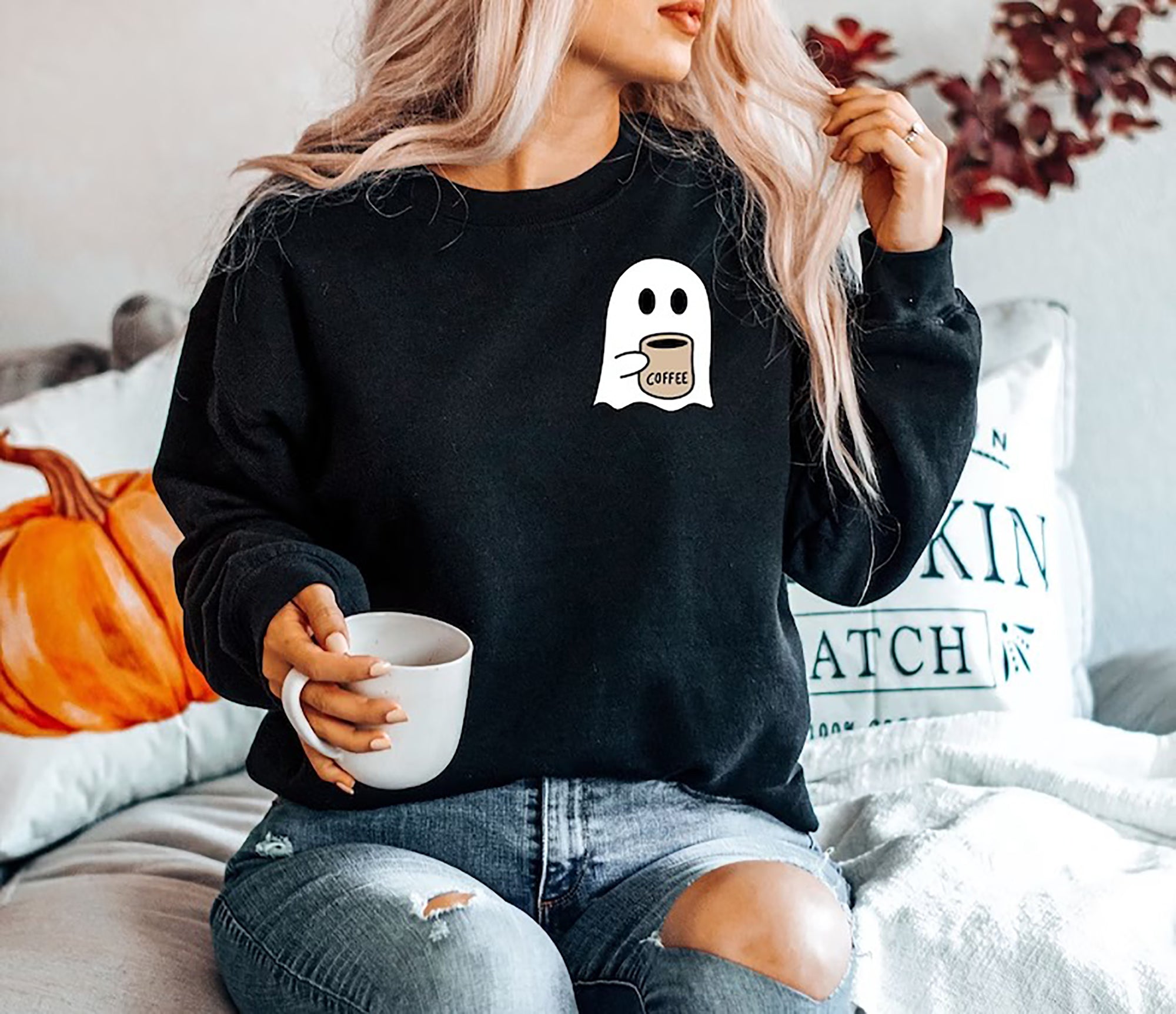 Skitongift Little Ghost Ice Coffee Shirt,Ghost T-Shirt,Little Ghost Ice Coffee T-Shirt,Halloween Tee,Cute Ghost Shirt,Ghost Pocket Tee