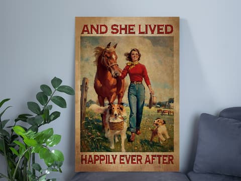 Skitongifts Poster No Frame, Girl With Horse & Dog And She Lived Happily Ever After White Portrait, Wall Art Decor