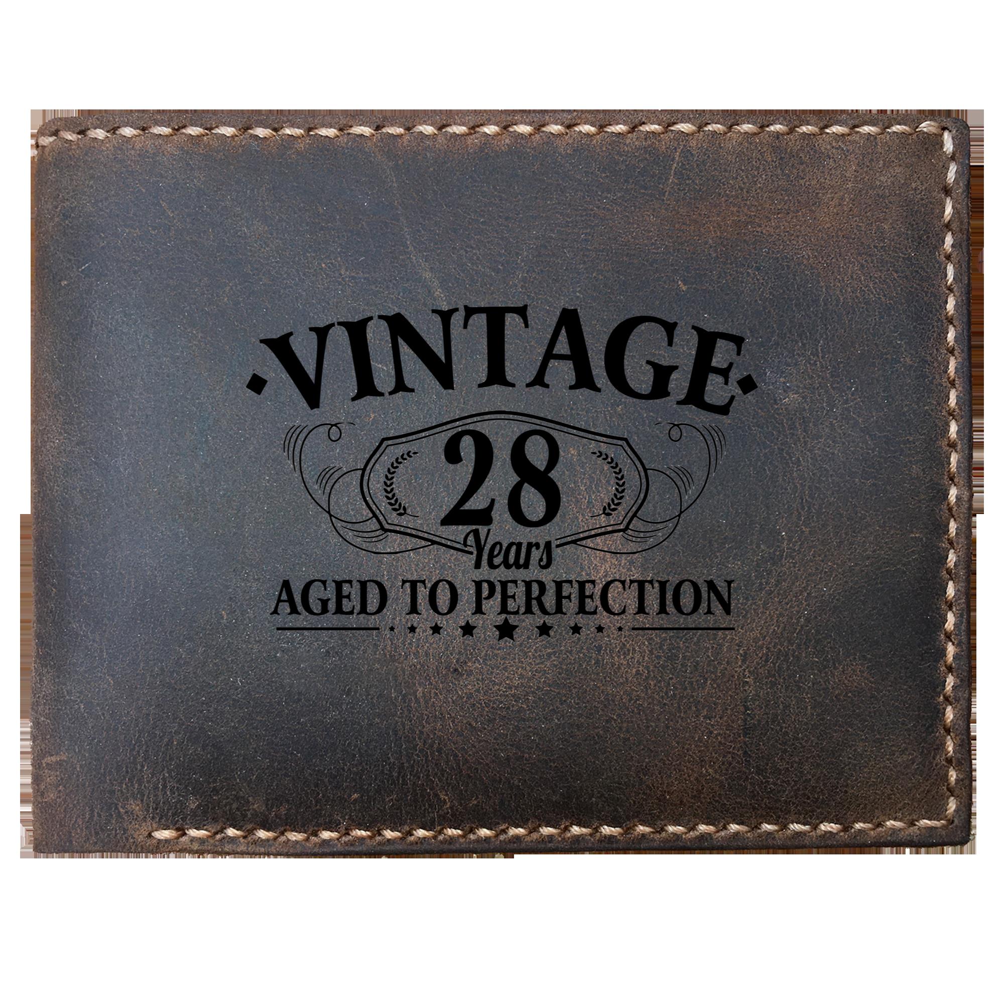 Funny Skitongifts Custom Laser Engraved Bifold Leather Wallet Vintage, Minimalist Wallet 28th Birthday Aged To Perfection For Men