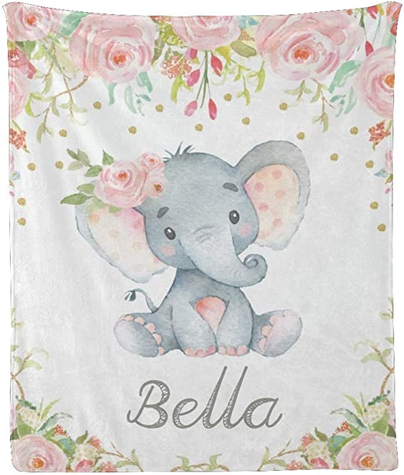 Skitongifts Blanket For Sofa, Bed Throws Custom Blanket With Name Text Personalized Floral Elephant