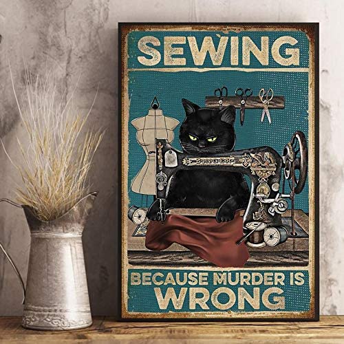 Black Cat Sewing Because Murder Is Wrong Funny Black Cat Vintage