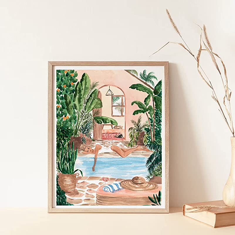 Peaceful Poolside Art, Summer Inspired Tropical Artwork Wall Woman by The Pool Plants