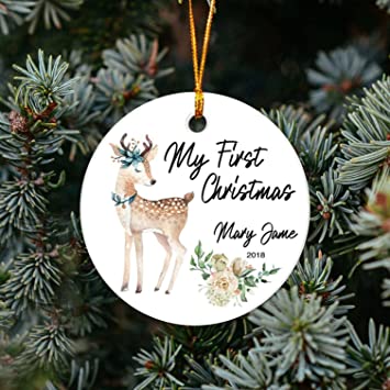 Personalized Baby's First Christmas Ornament, Baby Deer My First Christmas Custom Name, Baby Girl First Ceramic Circle Ornaments