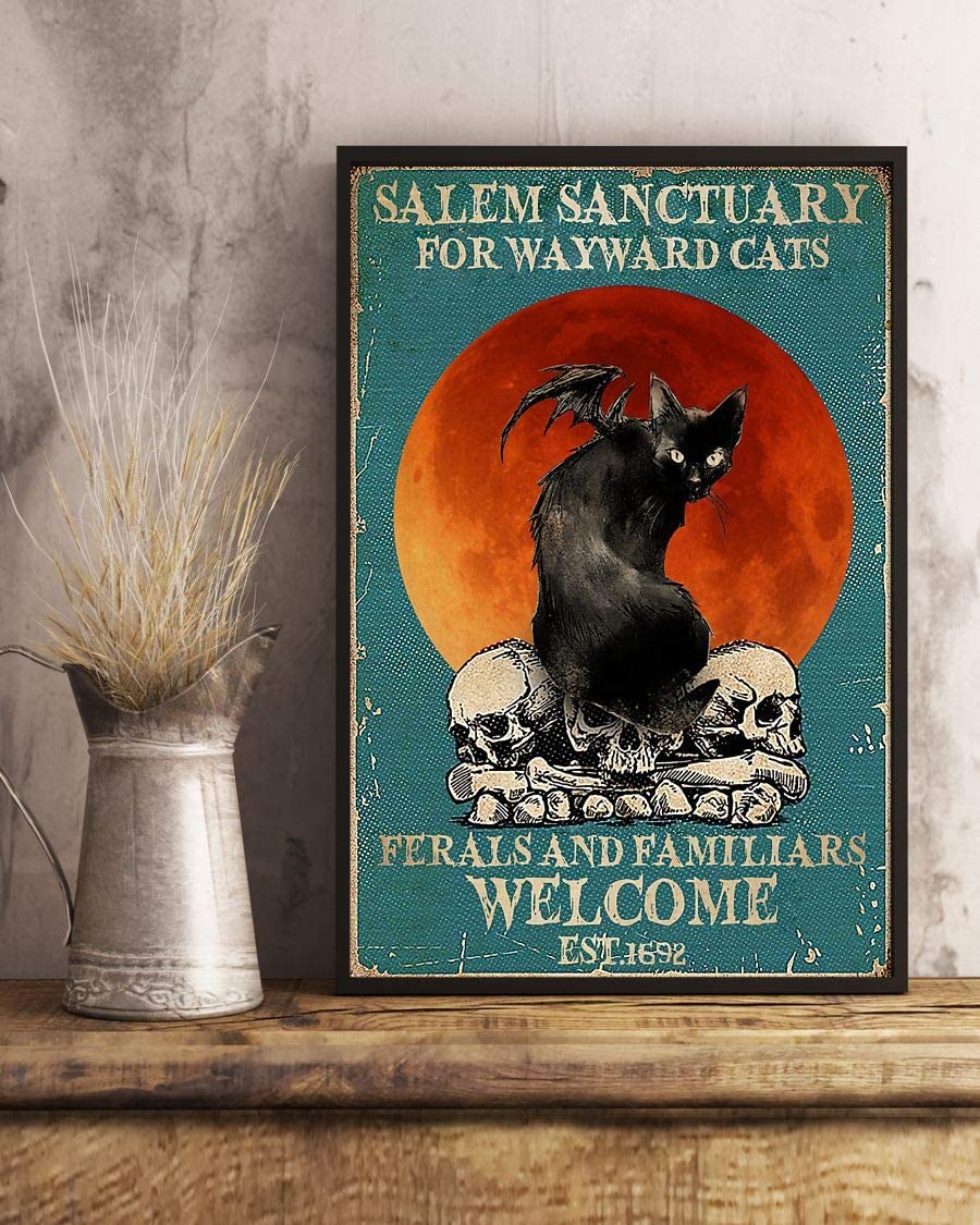 Salem Sanctuary For Wayward Cats Ferals And Familiars Welcome Est 1692 Black Witch Cat Skull 1208