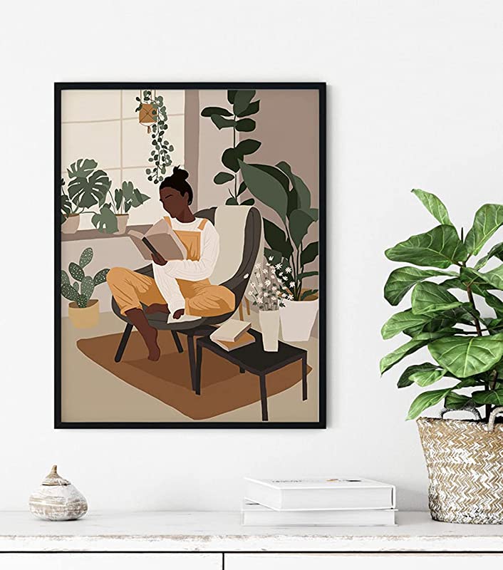 Black Girl Reading, Black Girl Illustration Black Woman, Book Art Plant Decor