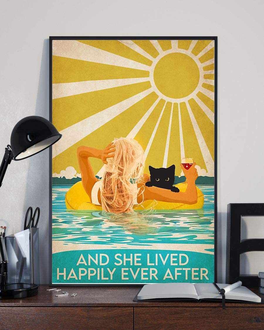 Swimming Ocean Girl With Cat And Wine And She Lived Happily Ever After 1208