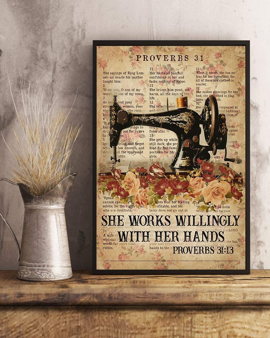 Proverbs 31 Sewing She Works Willingly With Her Hands Machine Rose Flower Vintage Abstract