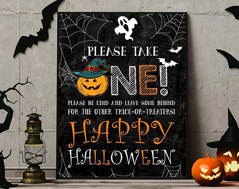 Halloween Trick or Treat, Halloween Door Sign Please Take One Party Decor Happy Halloween