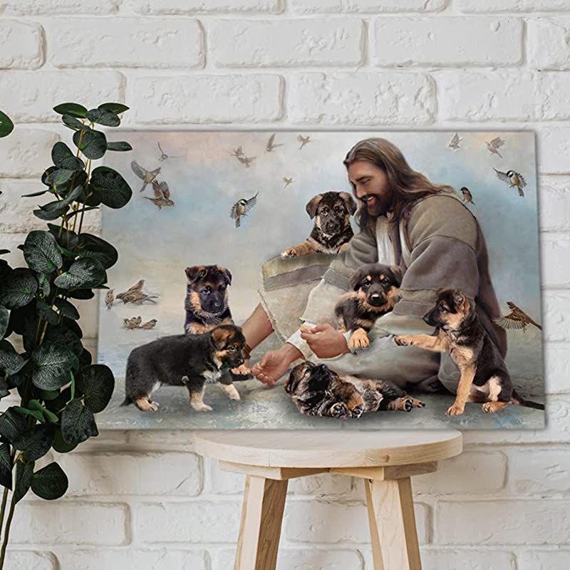 God Surrounded by German Shepherd Puppies Dogs, German Shepherd Owner, Christ Jesus