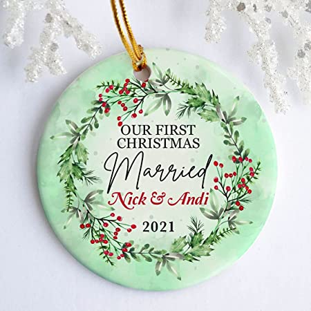 First Christmas Married Ornament, Personalized Engaged Ornament, Newlywed Gift Mr and Mrs Christmas Ornament, Married Couple Ceramic Circle Ornament