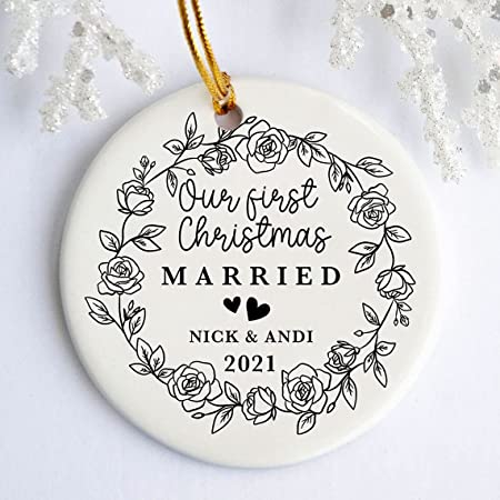 Personalized Our First Christmas Married Ornament, Newlywed Gift Mr and Mrs Christmas Ornament, Married Couple Ceramic Circle Ornament