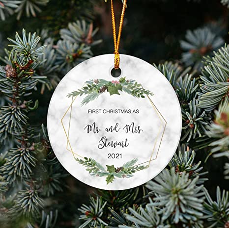 Personalized First Christmas as Mr and Mrs Custom Name, Personalized Ornament Gift for The Couple, Wedding Gift Our First Christmas Circle Ornaments
