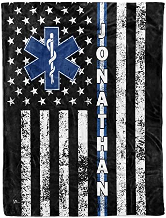 Skitongifts Blanket For Sofa, Bed Throws Custom Name Ems Emt Paramedic Thin White Line Star Of Life American Flag