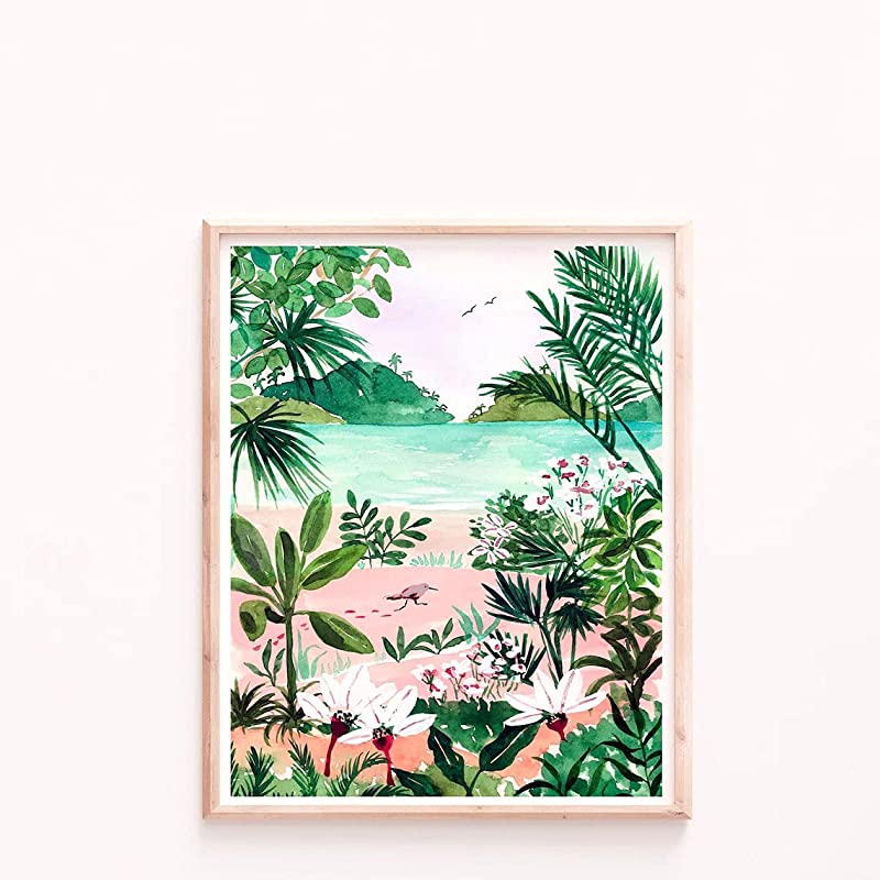 Beach Art, Tropical Ocean Botanical Illustration Watercolor Painting, Bird and Trees, Seaside