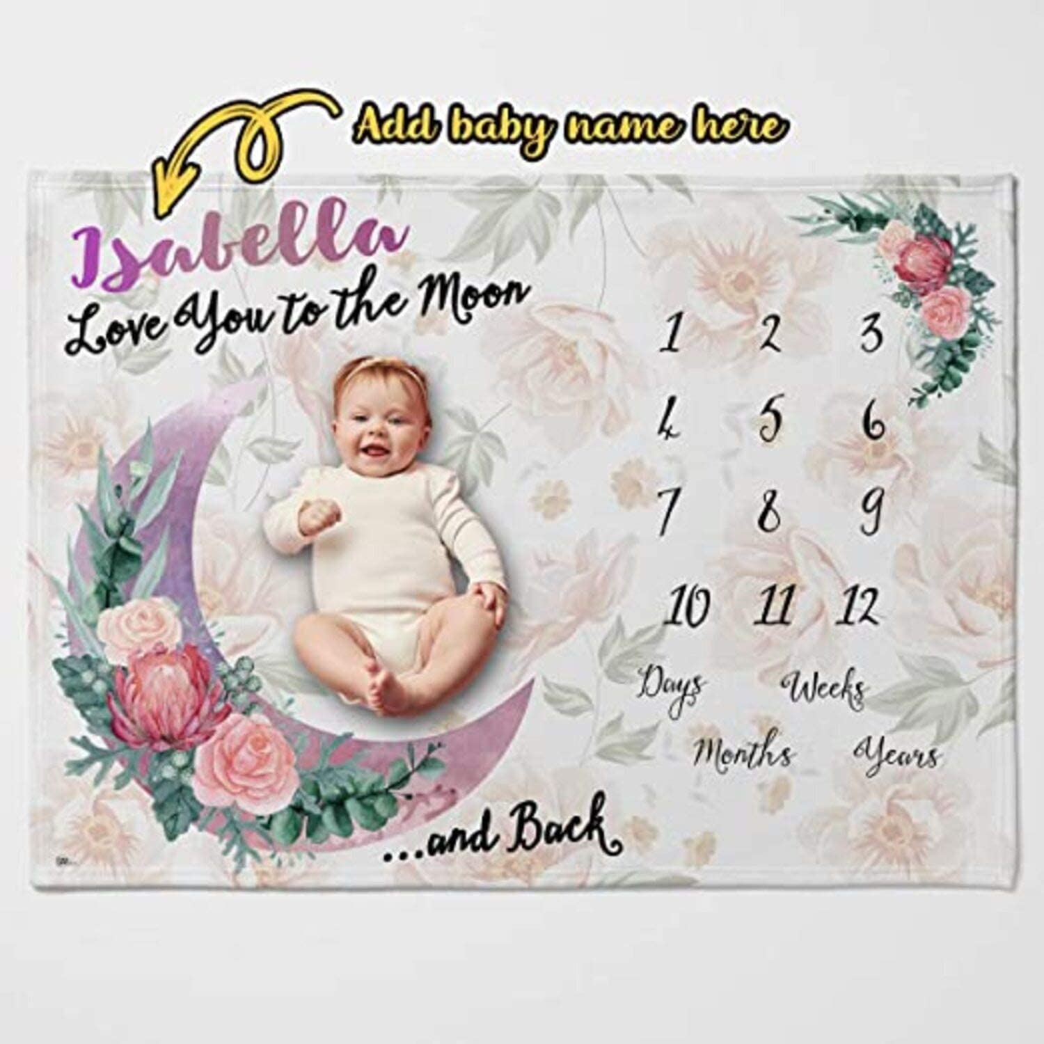 Custom Name Love You Moon Back Baby Monthly Milestone For Newborn Age Month Growth