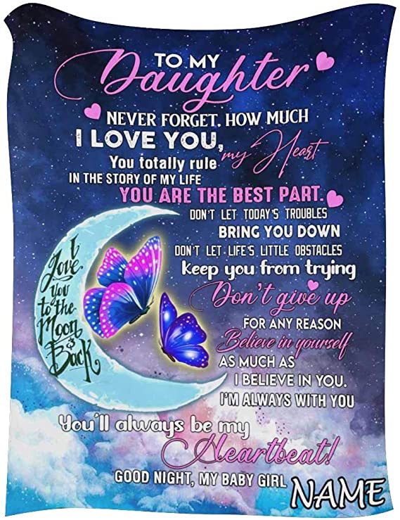 Skitongifts Blanket For Sofa, Bed Throws Personalized Lover Name Message Text To My Daughter I Love You To The Moon And Back Butterfly Moon