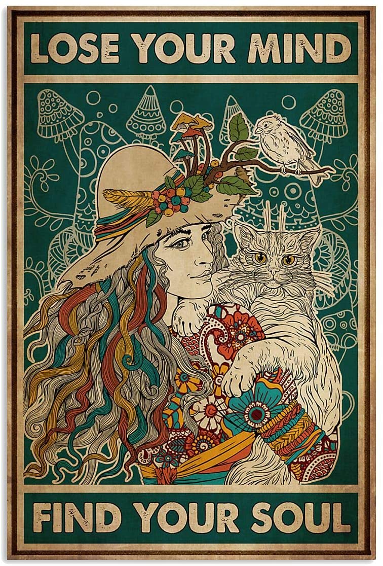 Lose Your Mind Find Your Soul Vintage Hippie Girl Flower And Cat Bird