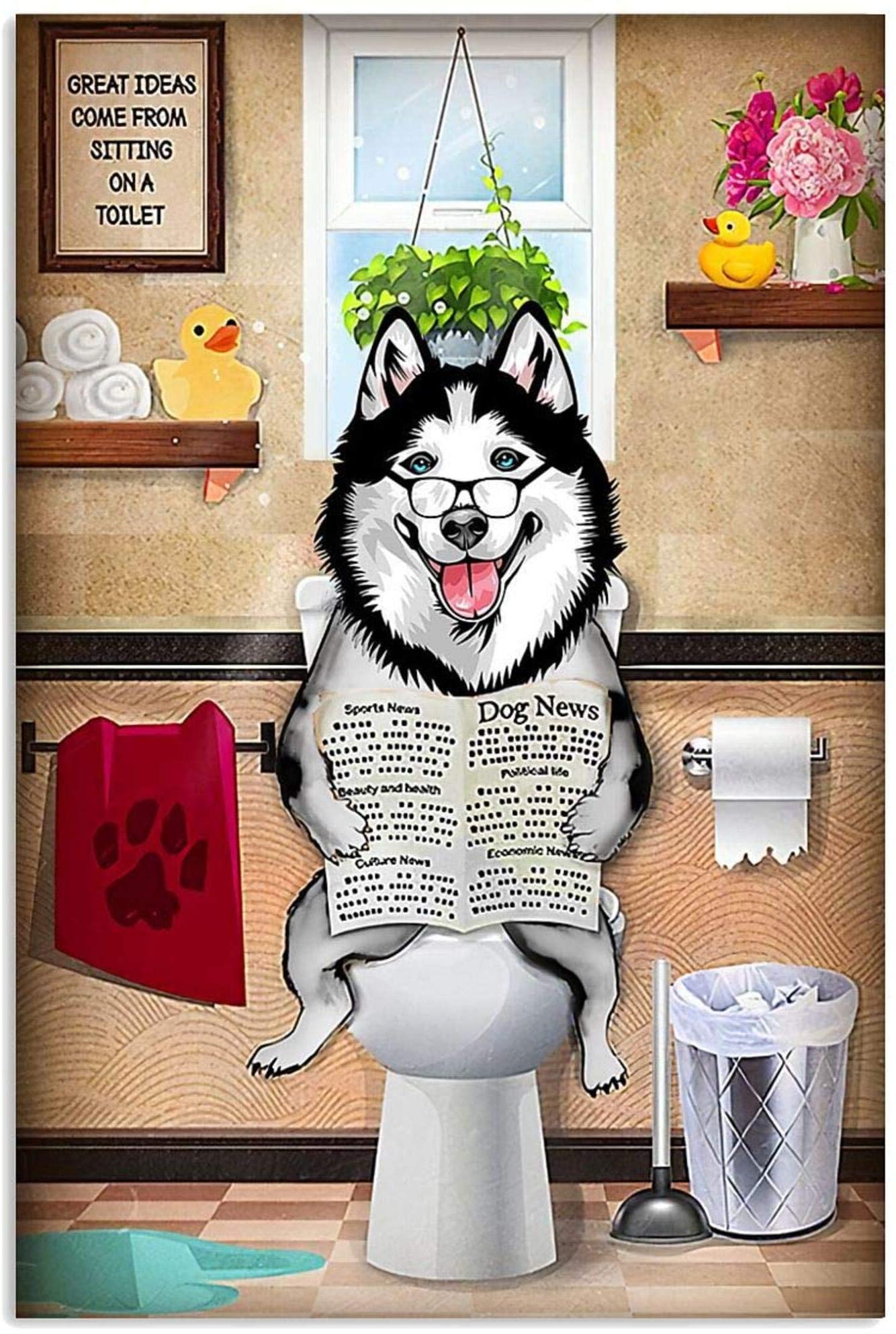 Husky Reading Great Ideas Come From Sitting On A Toilet Funny Home Decor Reading