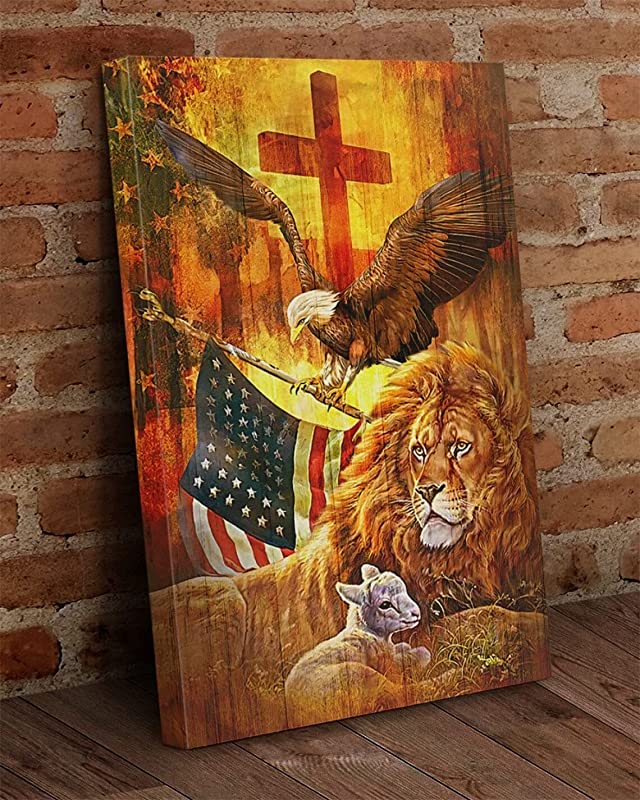 Jesus God Blesses Our America, Lion Lamb Eagle American Flag Christian Cross, Patriot Day