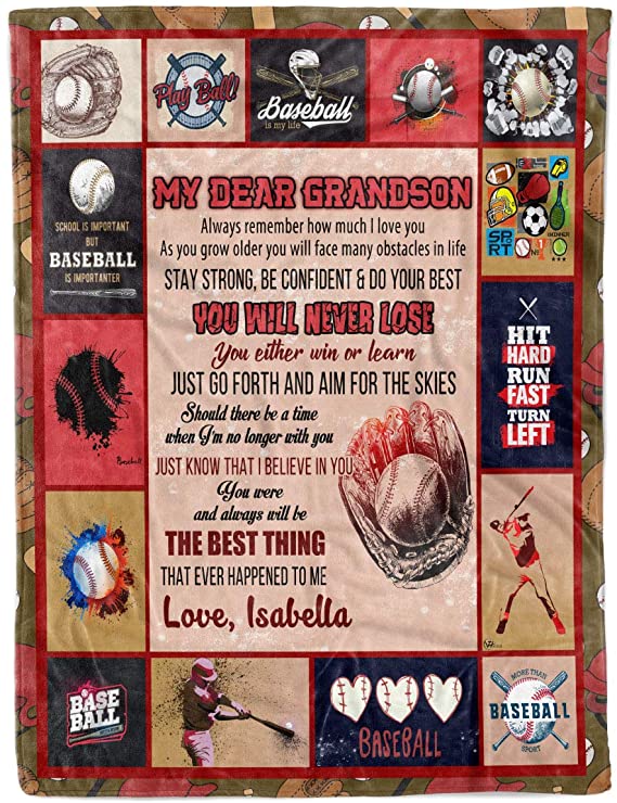 Skitongifts Blanket For Sofa, Bed Throws Name To My Grandson Baseball Christmas Birthday Graduation Grandkids From Grandma Grandpa