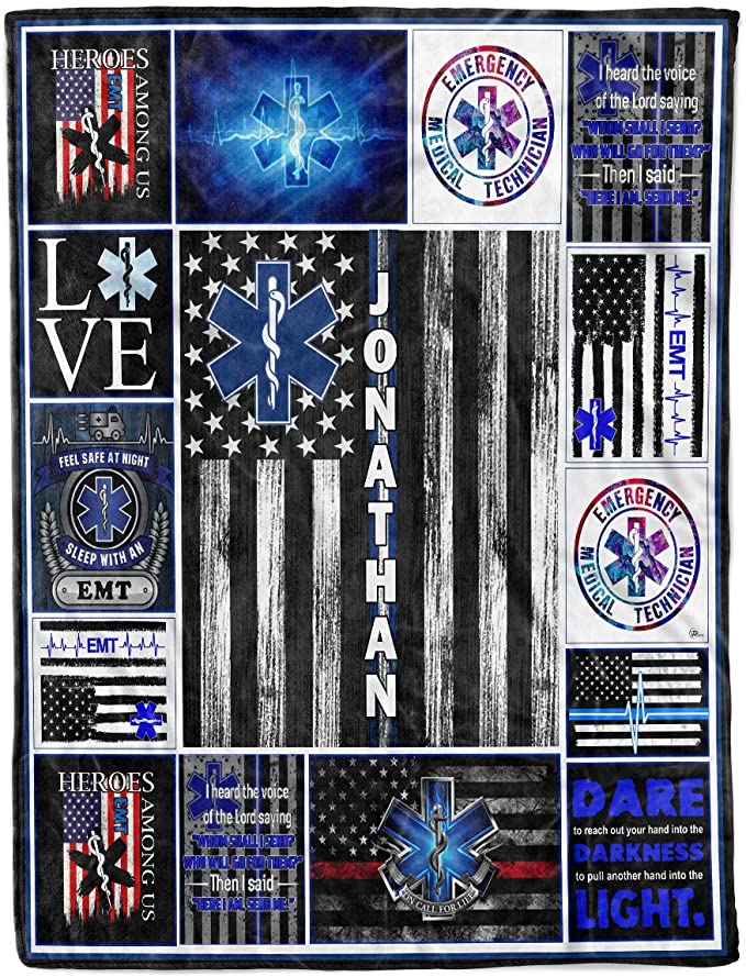 Skitongifts Blanket For Sofa, Bed Throws Custom Name EMS EMT Paramedic Star Of Life Thin White Line American Flag Appreciation Birthday Christmas