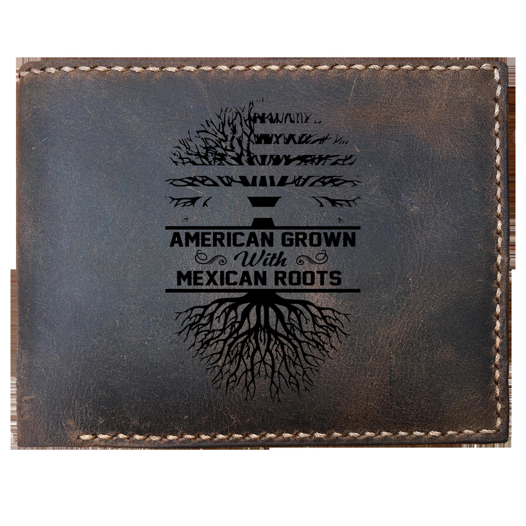 Skitongifts Funny Custom Laser Engraved Bifold Leather Wallet For Men, American Grown With Mexican Roots Meaning Birthday