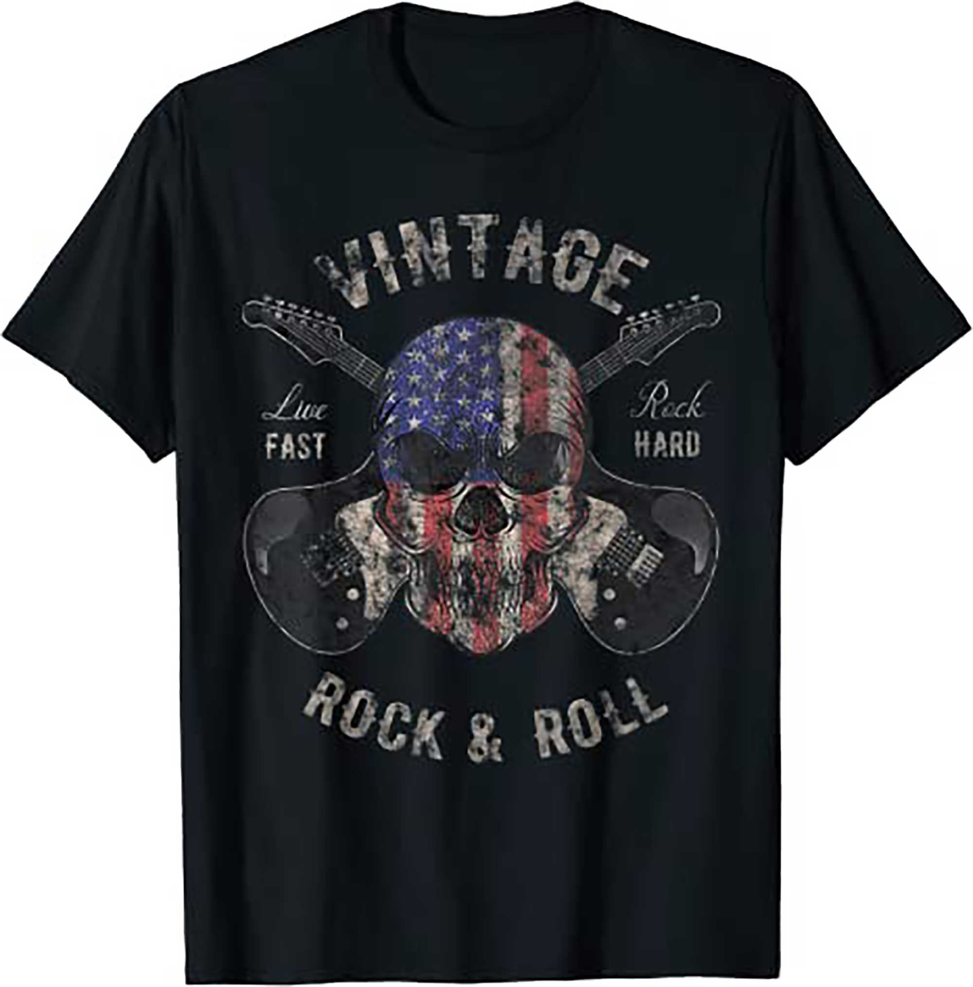 Skitongift American Flag Guitar Vintage Rock and Roll Skull Guitarist T Shirt