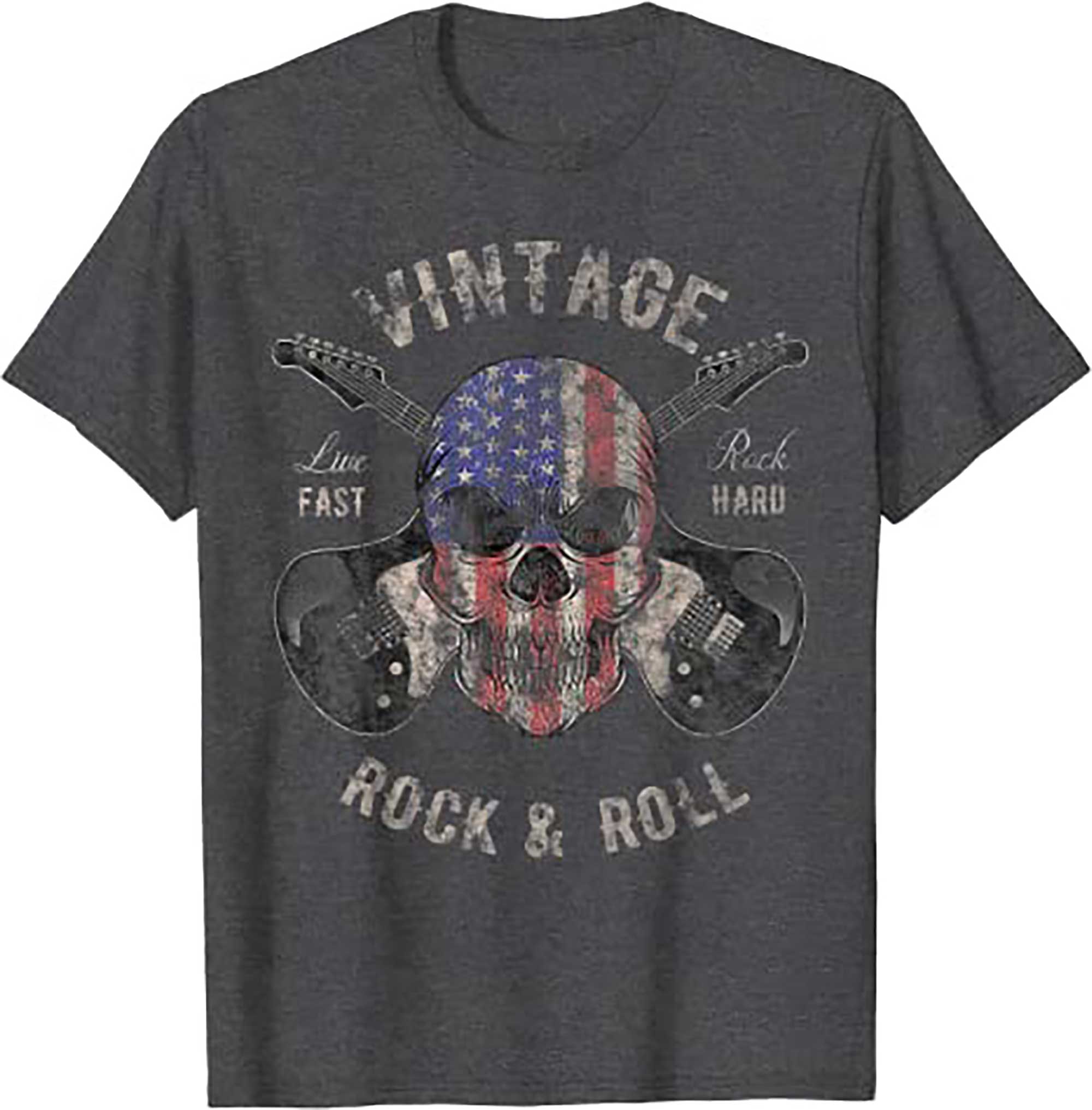Skitongift American Flag Guitar Vintage Rock and Roll Skull Guitarist T Shirt 