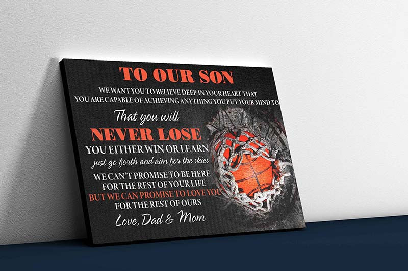 Skitongifts Wall Decoration, Home Decor, Decoration Room Basketball Dad And Mom To Son Never Lose Beautiful  Is Best Gift-TT2303