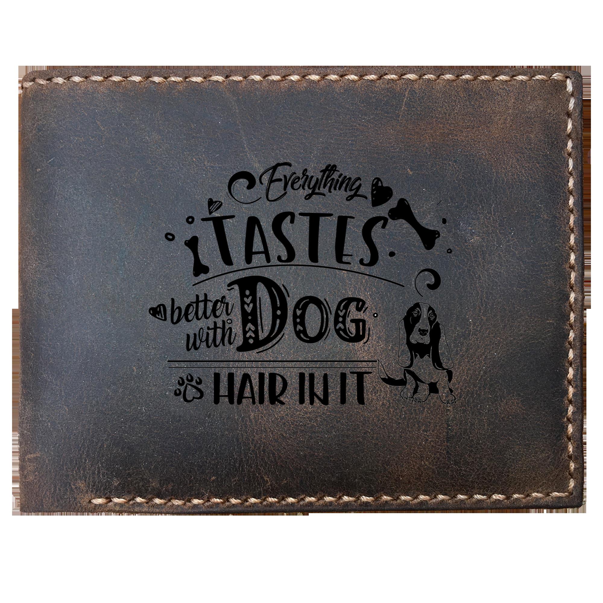 Funny Skitongifts Custom Laser Engraved Bifold Leather Wallet Vintage Basset Hound - Everything Tastes Better With Dog Hair In It