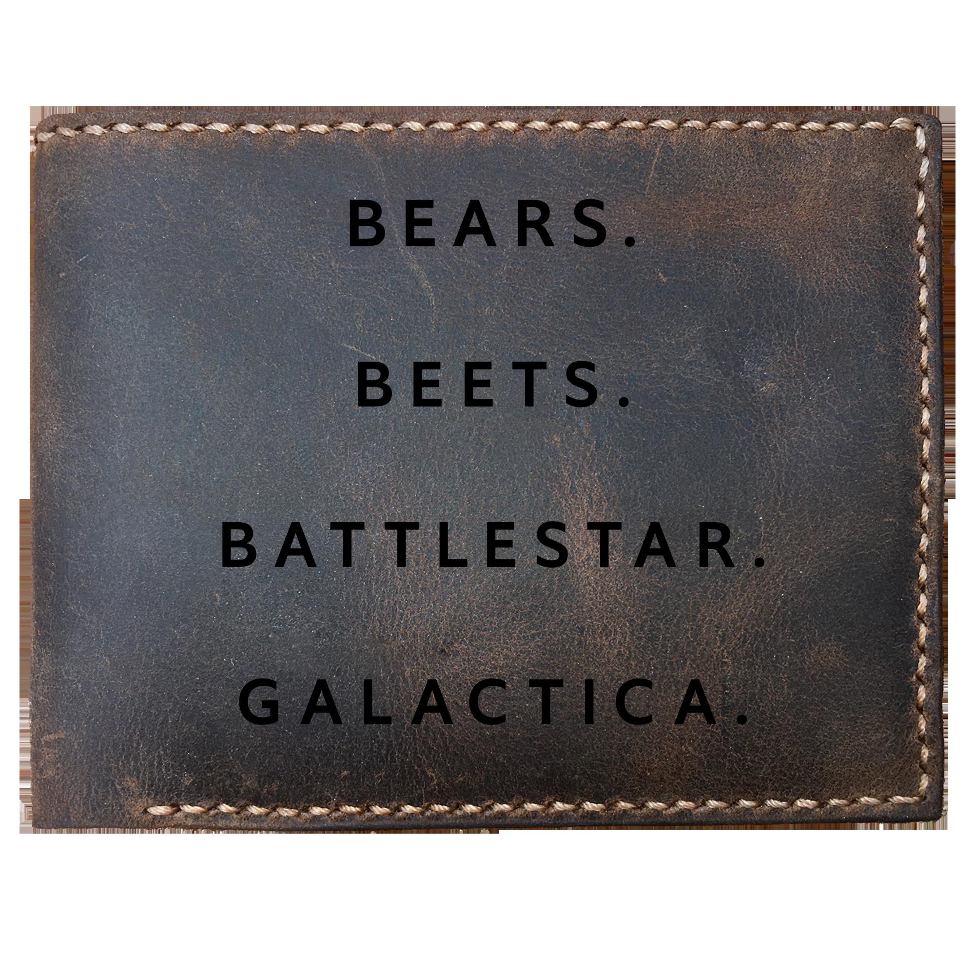 Skitongifts Funny Custom Laser Engraved Bifold Leather Wallet For Men, Bears Beets Battlestar Galactica
