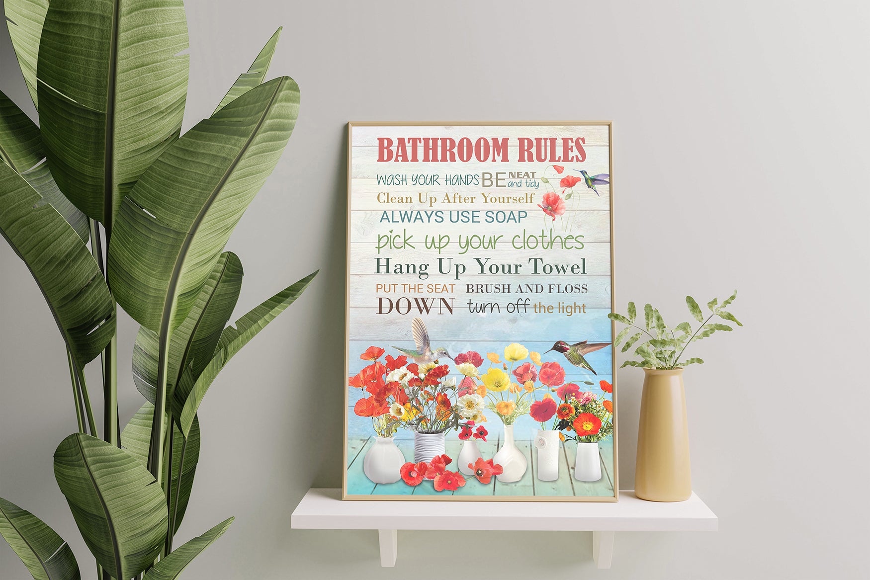 Beautiful Bathroom Rules With Hummingbird And Poppy Flower For Bathroom Decor