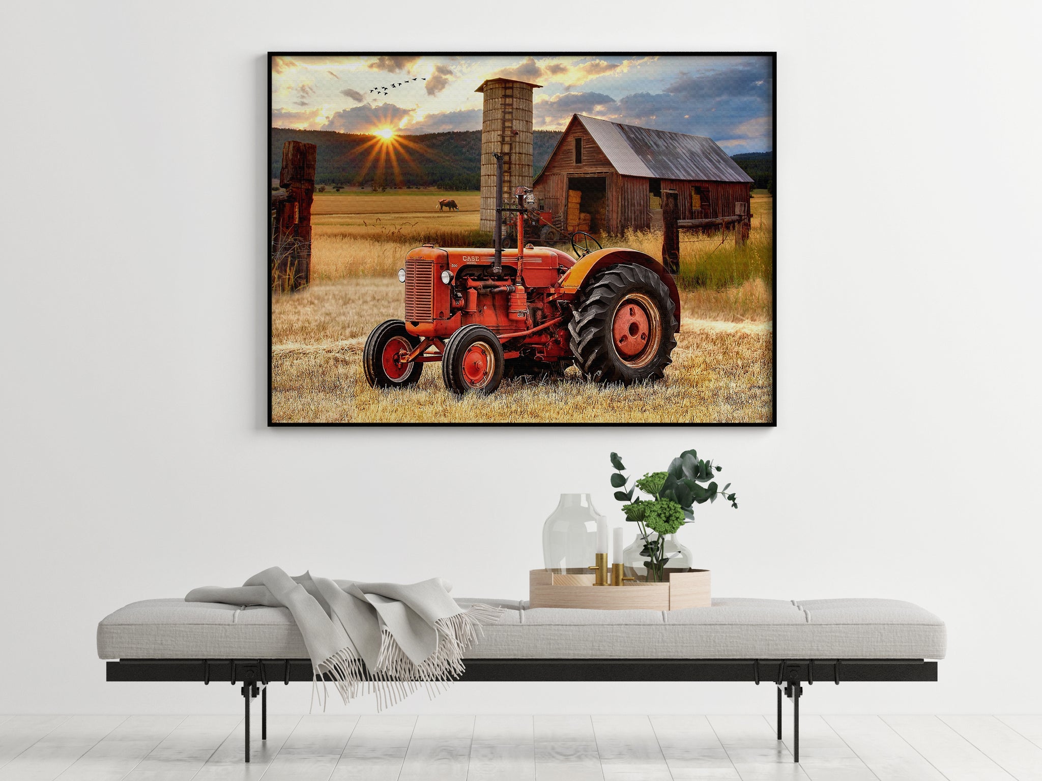 Beautiful Morning Countryside With Red Tractor Rustic Barn Through