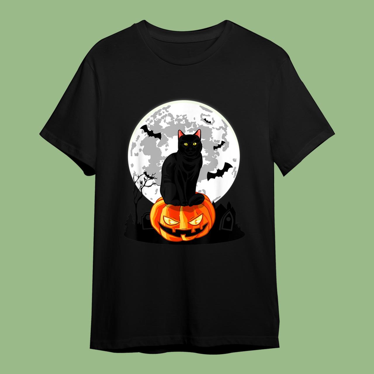Skitongift Black Cat On Pumpkin T-Shirt Full Moon Halloween