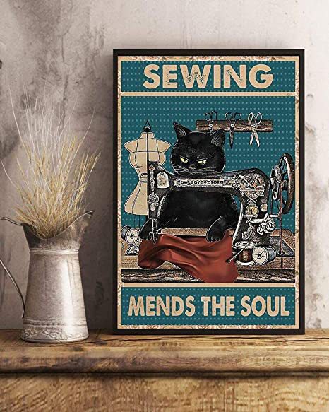 Black Cat Sewing Mends The Soul Portrait Poster