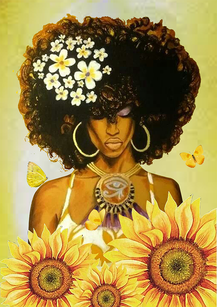 Black Girl Curly Hair Flower Yellow African American Melanin TT207