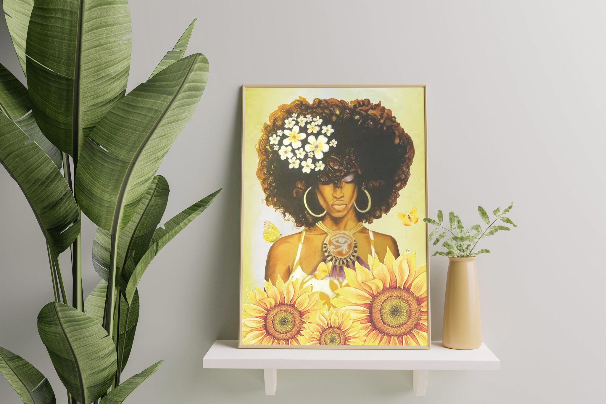 Black Girl Curly Hair Flower Yellow African American Melanin TT207
