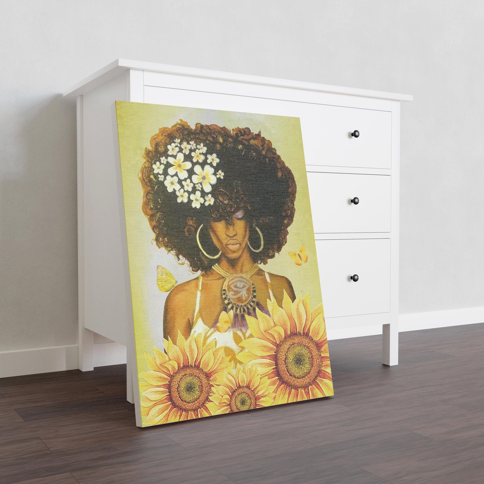 Black Girl Curly Hair Flower Yellow African American Melanin TT207
