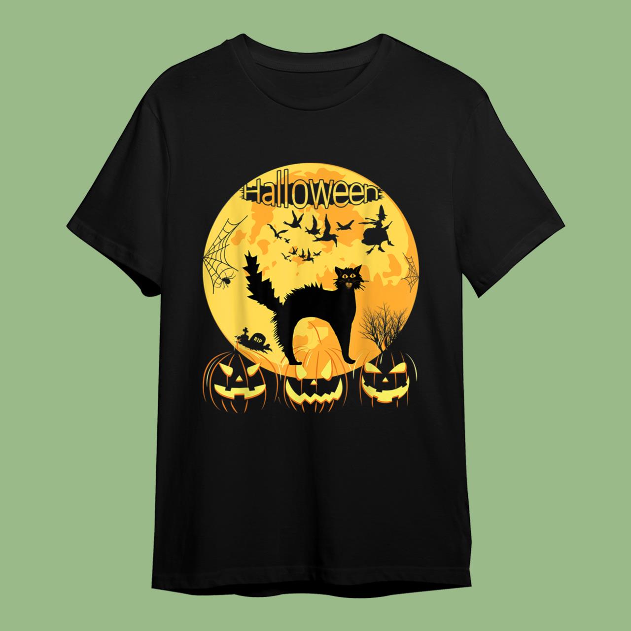 Skitongift Black Scary Cat with Lighted Eyes Halloween T-Shirt