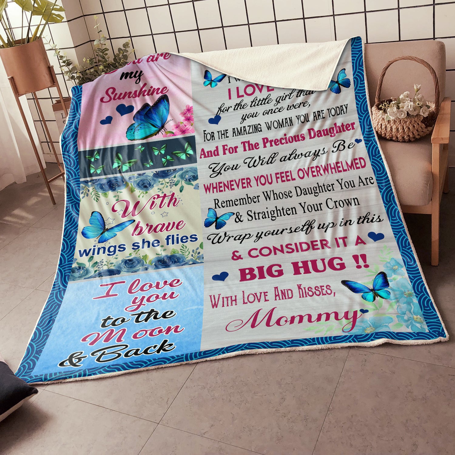 Skitongifts Blanket For Sofa Throws, Bed Throws Blanket-Butterfly From Mommy To My Daughter The Little Girl You are My Sunshine a Big Hug-VT1305
