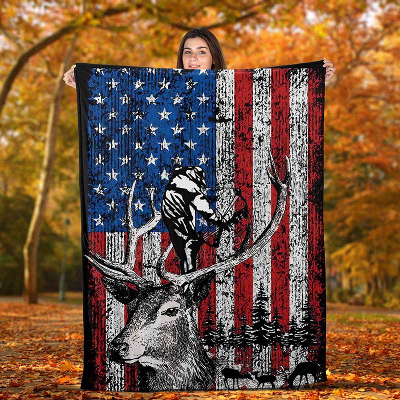 Skitongifts Blanket For Sofa Throws, Bed Throws Blanket - Bow Hunting American Flag-TT1111