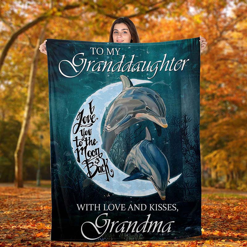 Skitongifts Blanket For Sofa Throws, Bed Throws Blanket - Dolphin To Granddaughter I Love You To The Moon & Back With Love & Kisses Grandma-TT2112