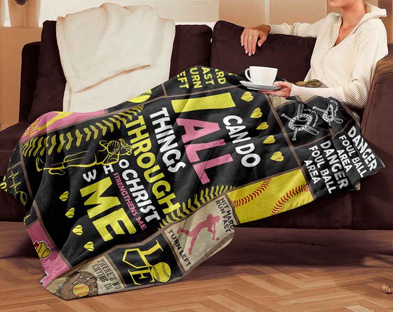 Skitongifts Blanket For Sofa Throws, Bed Throws Blanket - Softball I Can Do All Things Through Christ-TT2101