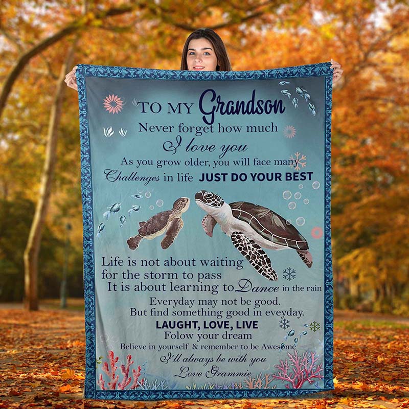 Skitongifts Blanket For Sofa Throws, Bed Throws Blanket - Turtle Flower To My Grandson Never Forget How Much I Love You As You Grow Older-TT2512