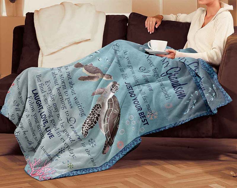 Skitongifts Blanket For Sofa Throws, Bed Throws Blanket - Turtle Flower To My Grandson Never Forget How Much I Love You As You Grow Older-TT2512
