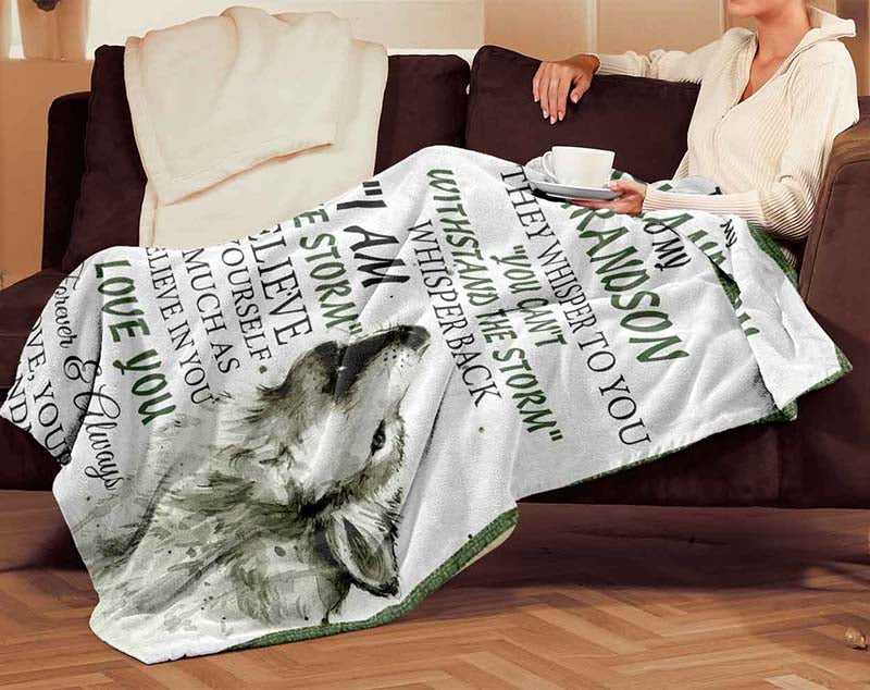 Skitongifts Blanket For Sofa Throws, Bed Throws Blanket - to My Grandson If They Whisper to You You Can't Withstand Back I Am The Storm Love Your Grandma-TT0204