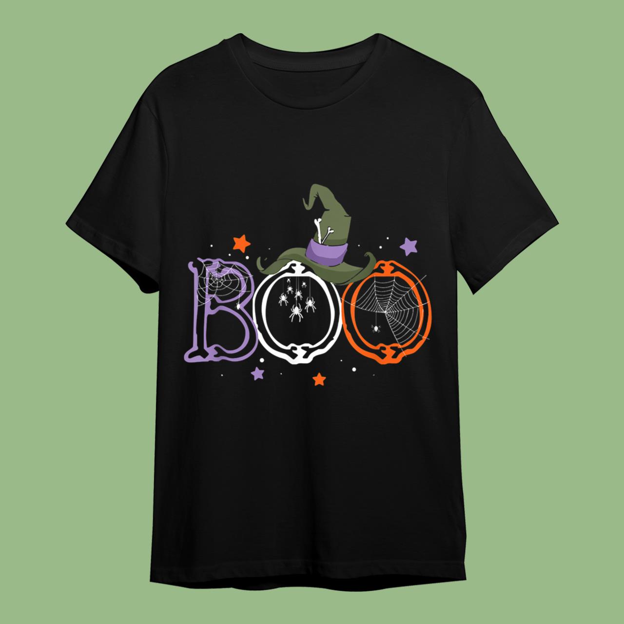Skitongift Boo Halloween With Spiders And Witch Hat T-Shirt